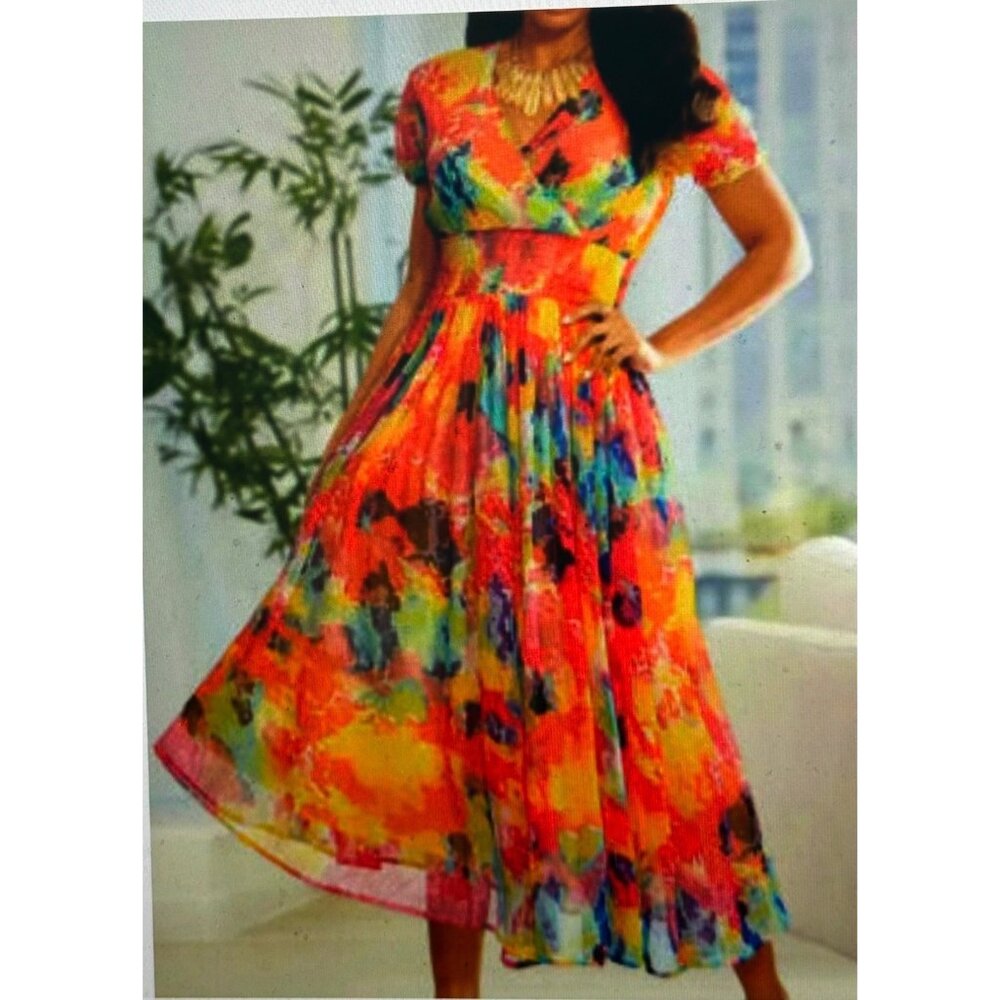 Astro Size 1X  Midi Elastic Waist Women's Multi Color Tie Die Dress